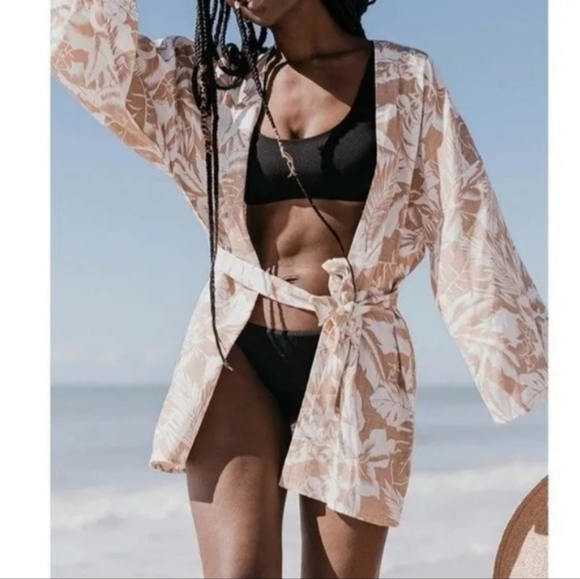 Billabong Sandcastle Linen Coastal Beachy Nautical Belted Bohemian Kimono - Picture 2 of 7